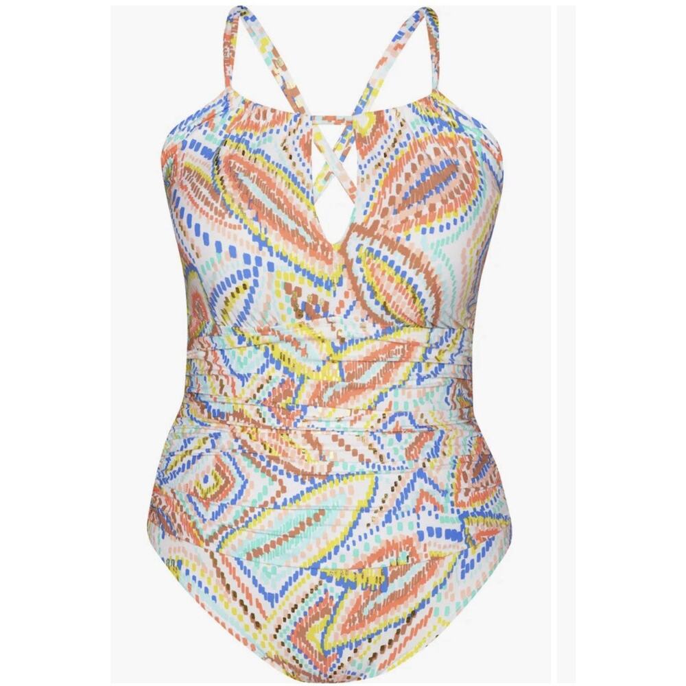 NWT La Blanca Sunbaked Jewels High Neck keyhole One-Piece Swimsuit Size 10 BOHO